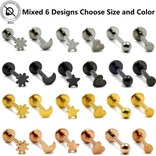 BOG-6Pcs Mix 6 Designs 316L Surgical Steel Labrets Stud Ring Ear Tragus Cartilage Ball Lip Ring Earrings Body Piercing Jewelry