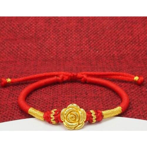 Real 999 24K Yellow Gold Bracelet Women Luck 3D Rose Flower Charm with Red Weave Bracelet 0.9-1.3g