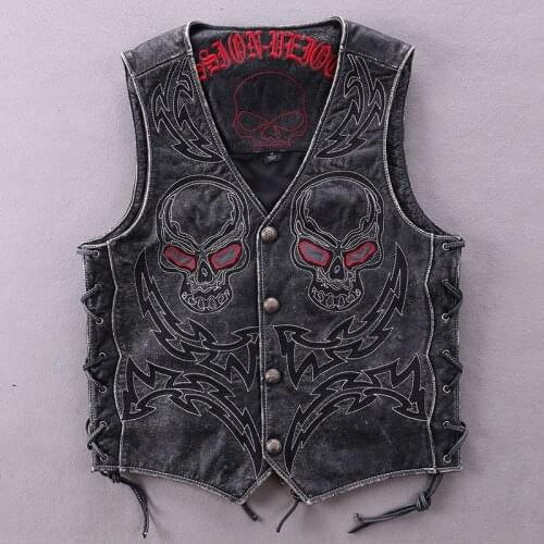 Brand Locomotive Genuine Soft Cowhide Heavy Vintage Skull Slim Fit Youth Vest Spring Summer Sleeveless Leather Coat