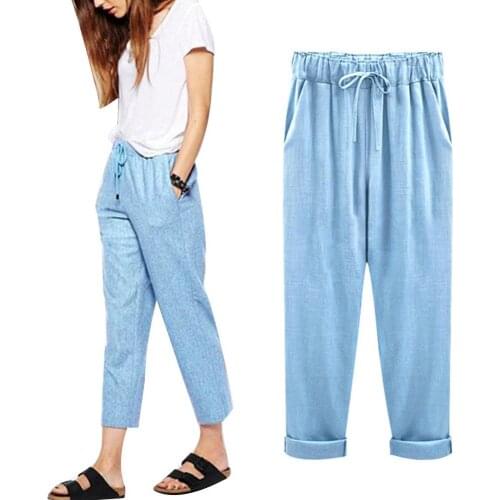 Women Pants Solid Color Cotton Linen Cropped Trousers Loose Women Drawstring Harem Pants Summer Streetwear Pants 2021