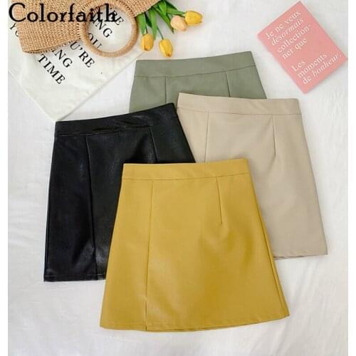 Colorfaith New 2019 Women PU Leather Skirt Autumn Winter Sweet Ladies Fashion A-Line Package Hip Slit Solid Mini Skirt SK6053K