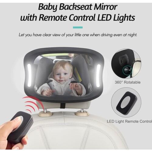 Baby Backseat View Mirror Shatterproof Acrylic Baby Car Mirror 360° Rotatable Rearview Baby Mirror with Remote Control LED Light