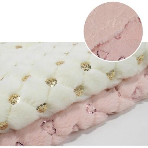 PV flannelette Sequin Plush Fabric For Toy Clothes Scarf Hat Homedecor Pinke Beige Heart Sequin Rabbit Fleece Fabric 1Meter