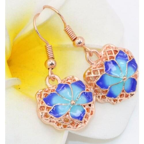 Hot sale women party gifts fashion charms rose gold-color carved flower cloisonne dangle earrings 14*16mm drop jewelry B2580
