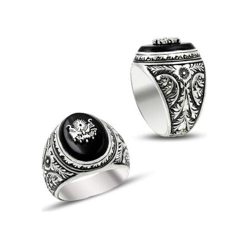 Silver Mens Ring Black Onyx Stone Ring Handmade Vintage Ottoman coat arms Ring Made In Turkey Solid 925 Sterling Silver