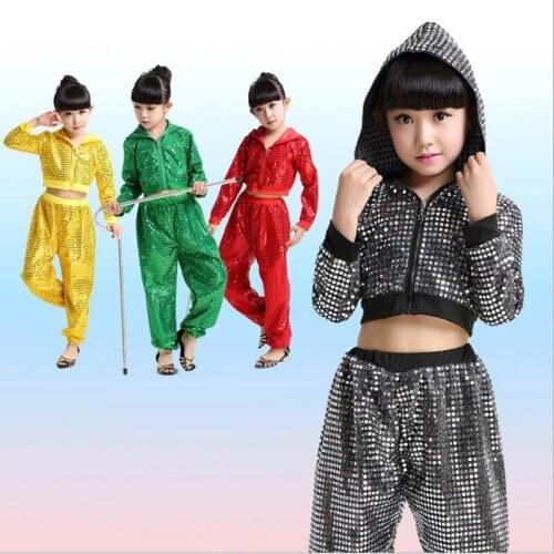 Girls Modern Dancewear Costumes Sequined Hip Hop Dance Pants Hoodies Kids Performance Show Stage Wear Jazz Dance Cloth Set