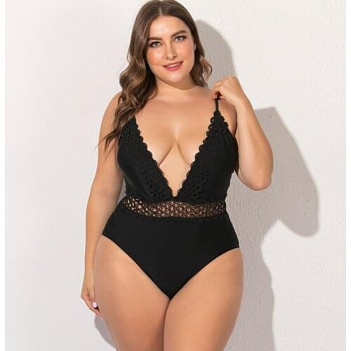High Waist V Neck Swimsuits Push Up One Piece Swim Suit for Women Swimwear Mesh Insert Bathing Suits Black Plus Size 5XL