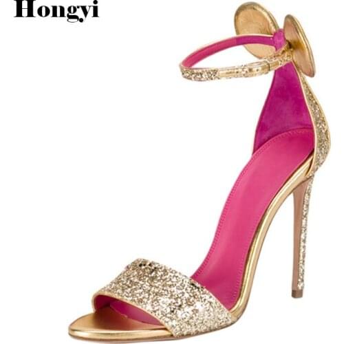 Fashion Ladies Summer Sandals Wome Sexy High Heels Open Toe Stilettos Sandals Fashion Bowtie Flock Shoes Buckle Strap Shoes