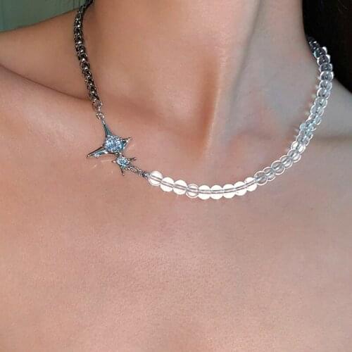 Origin Summer Temperament Glass Bead Beaded Chokers Necklace for Women Asymmetric Star Chunky Chain Metallic Necklace Jewelry