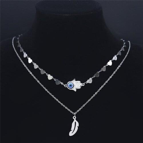 2PCS Hamsa Hand Stainless Steel Crystal Turkey Eye Feather Necklace Silver Color Necklaces Chain Islam Muslim Jewelry N9000S01