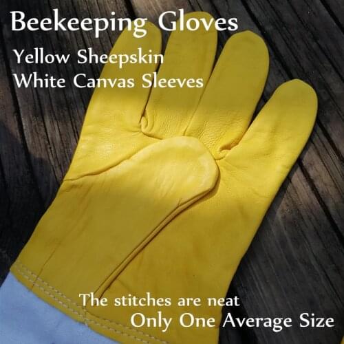 Beekeeping Gloves Yellow Sheepskin White Canvas Sleeves Anti-Bees Gloves For Professional Beekeeper Only One Average Size 1 Pair