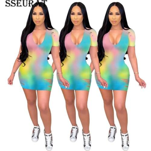 SSEURAT Women Dress Skinny Elastic Hole Short Sleeve V-neck Pullover High Waist Mini Dresses Office Lady Casual Outfit