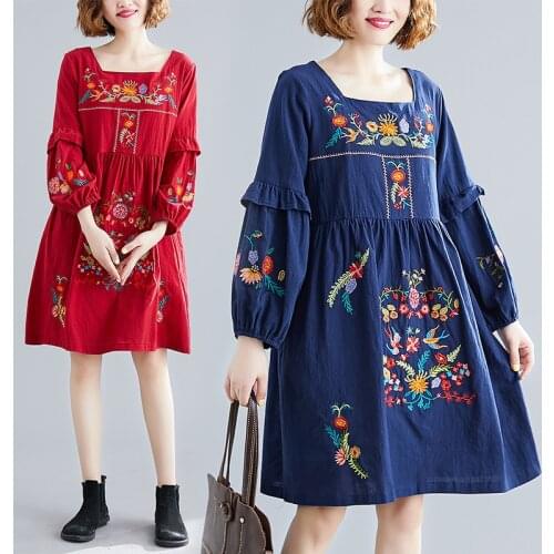 Spring Summer Retro Embroidery Dress Vestidos Cotton Linen Seaside Holiday Beach Dress Bohemian Loose A-Line Dresses Female