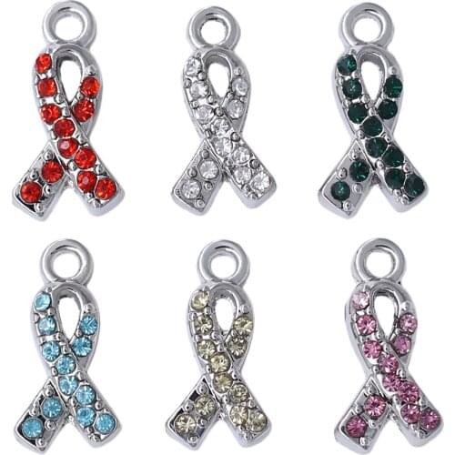 Popular rhinestone crystal cancer ribbon glamour multi color selection metal breast jewelry pendant can be mixed batch wholesale