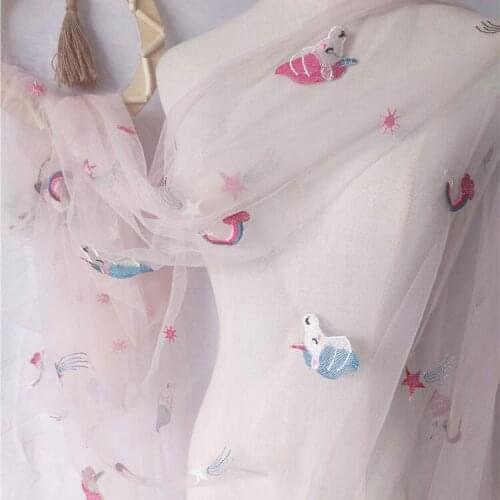 Pink mesh embroidery lace fabric cartoon animal unicorn embroidered tulle fabric DIY skirt womens childrens clothing fabric