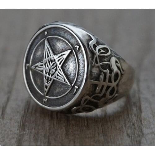 Mysterious Pentagonal Symbol Ring Gothic Demon Witchcraft Satan Cross Ring Mens Punk Jewelry Hip Hop Party Ring Size Us8-13