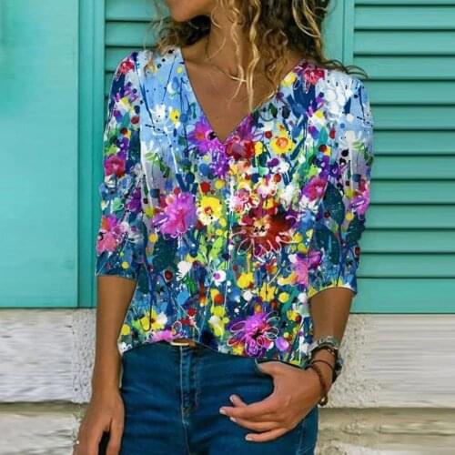 Floral Print T-Shirt Oversized Women Long Sleeve Casual Loose T-shirts V-Neck Spring New-coming Female Tops Large Size 3XL 2021