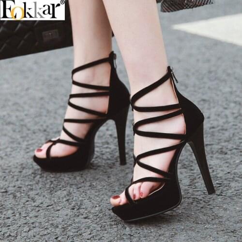 Eokkar 2019 Cross Tied Square High Heels Women Sandals Pumps Round Toe Ankle Zipper Black Platform Shoes Women Casual Size 34-43