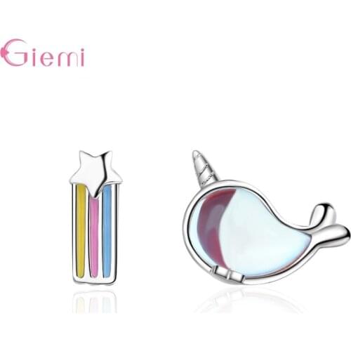 Sweet 925 Sterling Silver Stud Earrings For Women Jewelry Asymmetry Crystal Whale Rainbow Star Ear Studs Girl Party Accessories