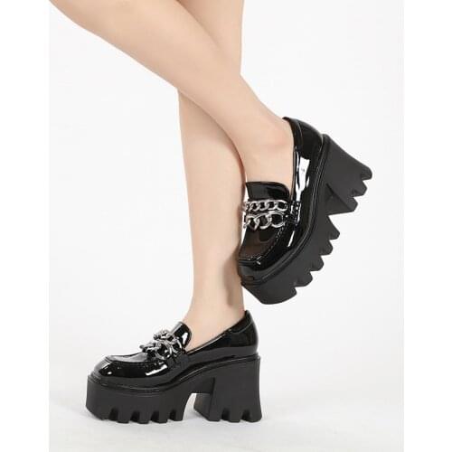 Womens Platform Metal Chain Decor Creepers Chunky High Heel Loafers Oxfords Shoes Sandals Punk Retro British Styles Black New