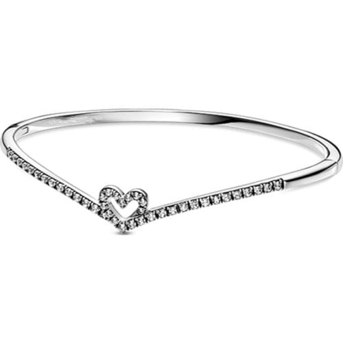 925 Sterling Silver Sparkling Wishbone Heart Bracelets Bangles For Women Fit Charm Beads DIY Bangles Valentines Gift Jewelry