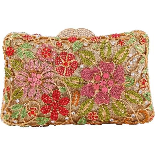 Women Metal flower diamond party banquet blue clutch female one shoulder chain red handbag large capacity mobile phone gold bags