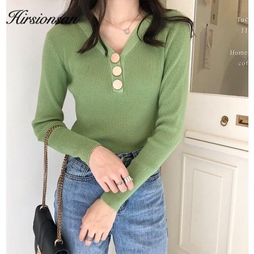Hirsionsan Sweater Women Winter Bottoming Elegant Knitted Button V-neck Knitted Elastic Pullover Slim Fashion Inside Jumper