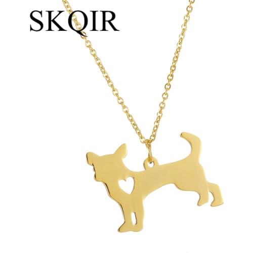 SKQIR Engrave Necklace Women Lovely Pet Standing Chihuahua Animal Pendant Jewelry Stainless Steel Gold Heart Charm Dog Necklace