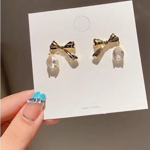 2021 Korean Fashion Simple Cute Metal Bowknot Drop Earrings For Women Ladies Elegant Waterdop Zircon Brincos Jewelry Gifts