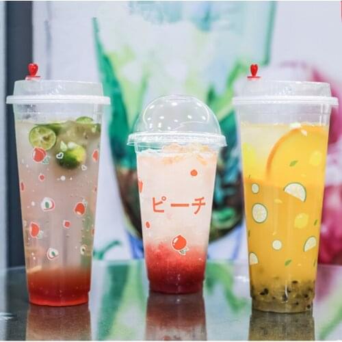 50pcs 90 caliber 500ml transparent cold drink cup creative fruit lemon peach pattern disposable juice plastic cups with lid