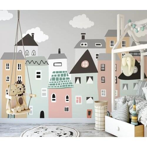 Hand-painted small fresh small house children room bedroom TV background wall 3D wallpaper murals