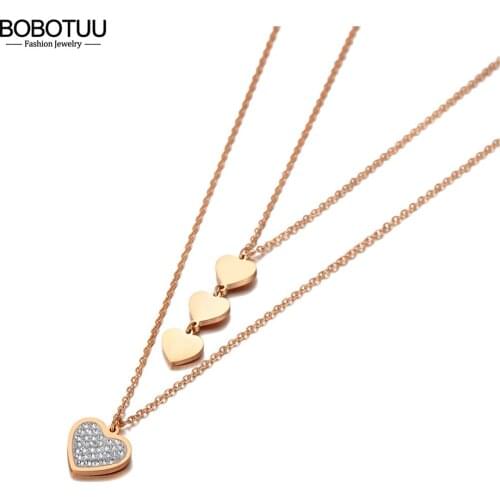 BOBOTUU Original Design Double Layer Heart Charm Pendant Necklaces For Women Stainless Steel CZ Crystal Choker Necklace BN20153
