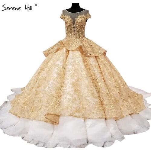 High-end Sleeveless Sexy Gold White Wedding Dresses 2020 Embroidery Pearls Fashion Luxury Wedding Gowns Real Photo