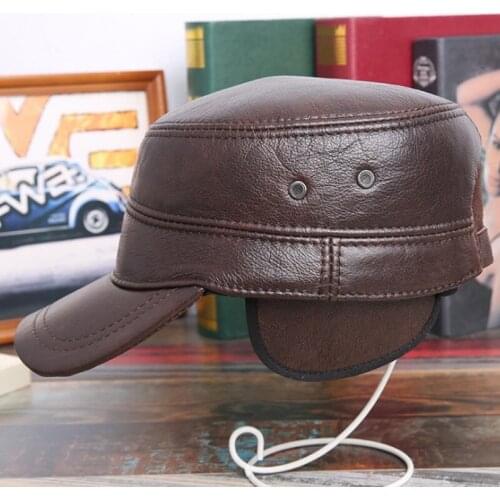 XdanqinX Winter Warm Mens Leather Cap Real Genuine Leather Hat Military Hats Adjustable Head Size Men Earmuff Hat Men Flat Caps