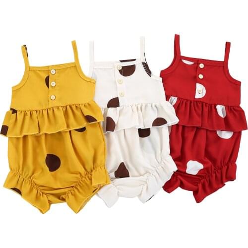 Girls Summer Two Piece Set Fashion Polka Dot Button Suspender Tops and Ruffles Short Pants Childrens Sets