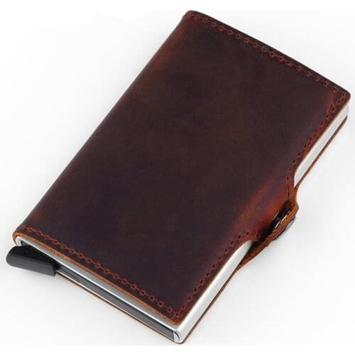 BISI GORO Genuine Leather New Style Wallet Unisex Business Card Holder Metal Rfid Blocking Mini Slim Wallet Hasp Travel Purse