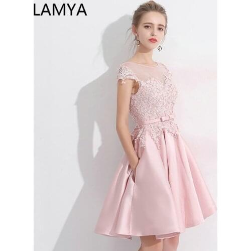 LAMYA 2019 Pink Lace Satin Women Short Prom Dress Elegant Wedding Party Gowns Evening Dresses Vestido De Festa