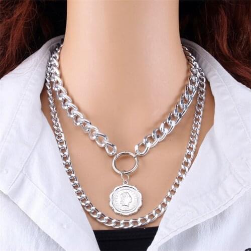 Exaggerated Punk Multilayer Chunky Chain Necklace Collar Statement European&America Fashion Queen Coin Pendant Necklace