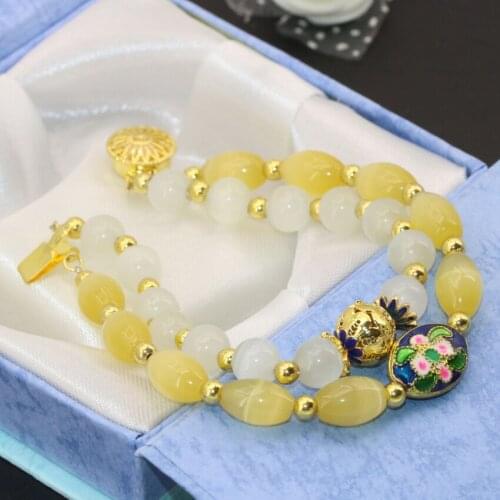 Fashion cat eyes original 8mm white round 8*12mm barrel rice beads 2 rows bracelets for wedding party gift jewelry 7.5inch B2779