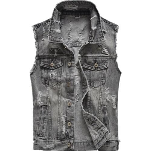 2021 Summer Men Ripped Jean Jacket Mens Hip Hop Denim Vest Male Grey Cowboy Waistcoat Brand Sleeveless Jacket Tank 5XL