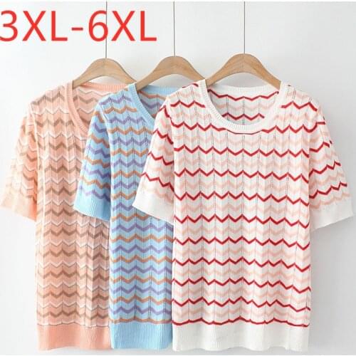 New 2021 Ladies Summer Plus Size Knit Top For Women Large Short Sleeve Slim Elastic Cotton Stripe O-neck T-Shirt 3XL 4XL 5XL 6XL