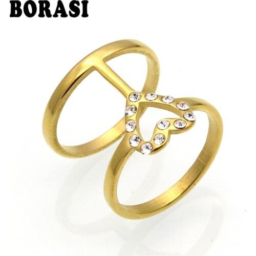 New Arrival Gold / Silver Color Crystal Love Heart Shaped Ring Women Bridal Stainless Steel Wedding Jewelry Wholesale Party Gift