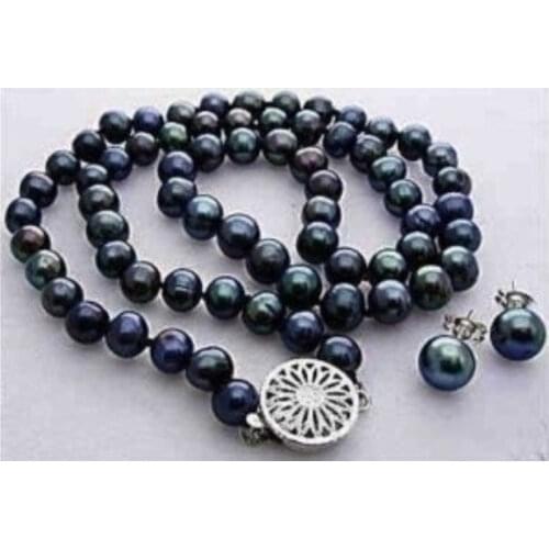 Charming!7-8MM Black Freshwater Pearl Necklace Earring 17"