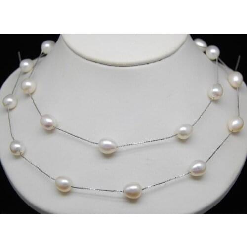 Wholesale Natural White Pearl AAA+ 8-9MM Rice pearl 35" Long Necklace Chain
