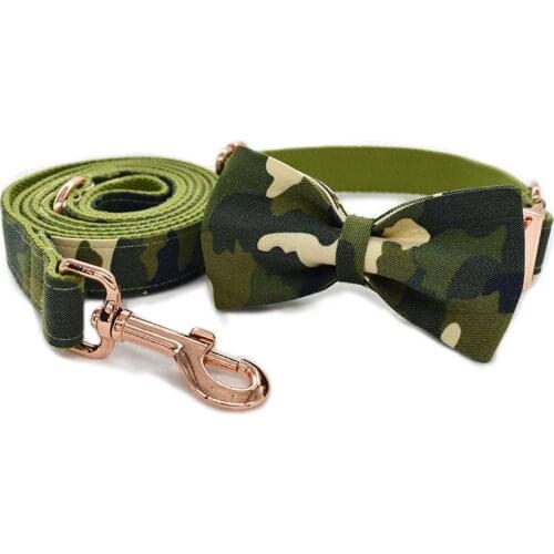 Dog Collar And Leash Set With Bow Tie Cotton Dog & Cat Necklace And Dog Lead Blue Plaid Black Metal Buckle