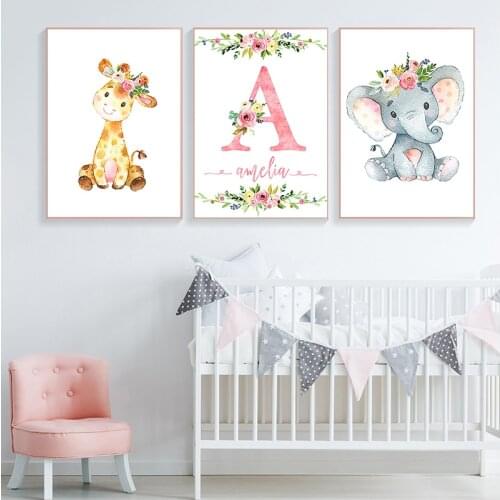 Nordic Poster Custom Name Posters And Prints Flowers Elephant Nursery Canvas Painting Wall Art Pictures For Baby Girl Room Decor