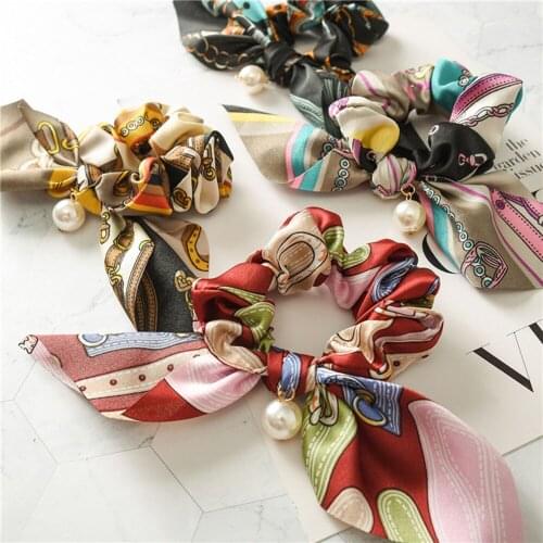 2021 New Bow Streamers Hair Ring Big Bowknot Scrunchies With Pearl Print Flower Hair Ties Horsetail Headwear Hair Accessories