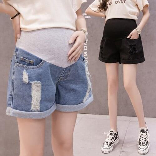 Ripped Hole Jeans Rolled Up Wide Leg Loose Denim Maternity Shorts Summer Casual Belly Clothes for Pregnant Women Pregnancy Pant