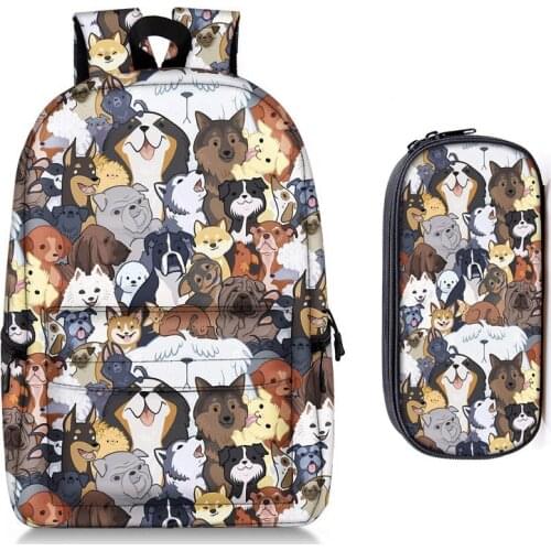 Cute Kitten Cats / Puppy Dogs Print Backpack + Pencil Bag for Teenager Boy Girl Children School Bags Kids Bookbag Women Backpack