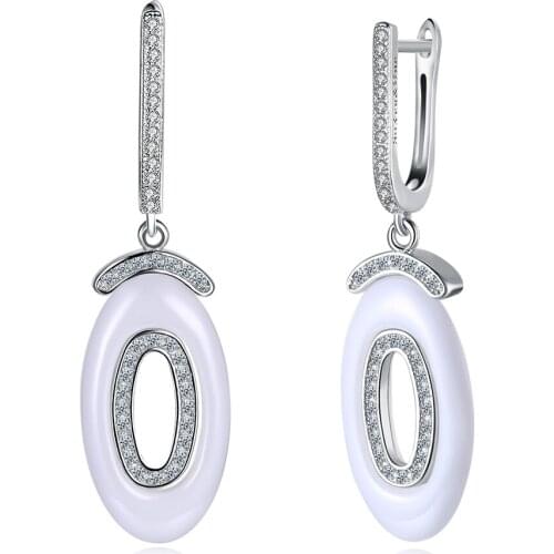 SILVERHOO 925 Sterling Silver Earrings For Women White Oval Letter O Shape Zirconia Ceramics Drop Earring Prom Fine Jewelry